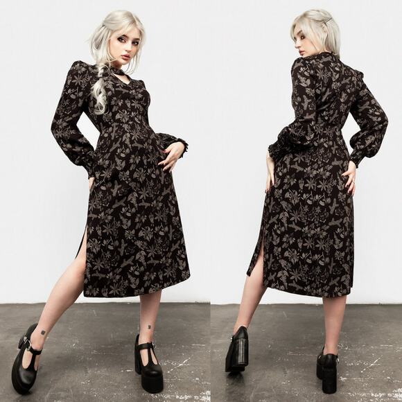 Disturbia Womens Goth Poisonous Plant Puff Sleeve Midi Dress Black Size US 12 - Picture 3 of 16